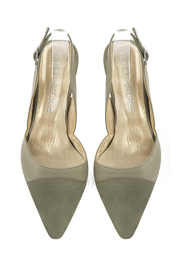 Women's khaki green elegant slingback heels. Tapered toe. High slim heel - Top view
